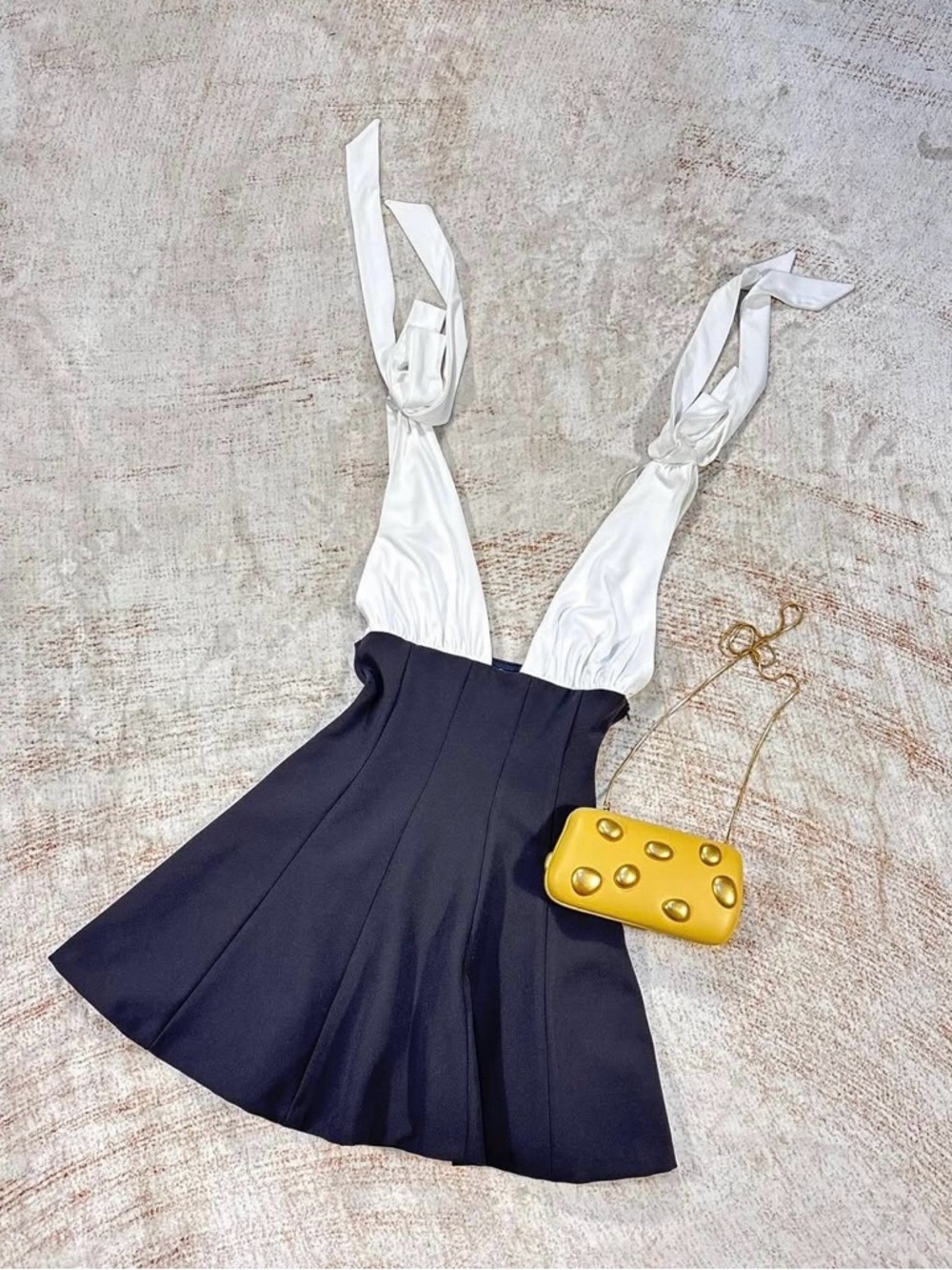 Zara White and Navy Pleated Midi Dress with Tie Straps